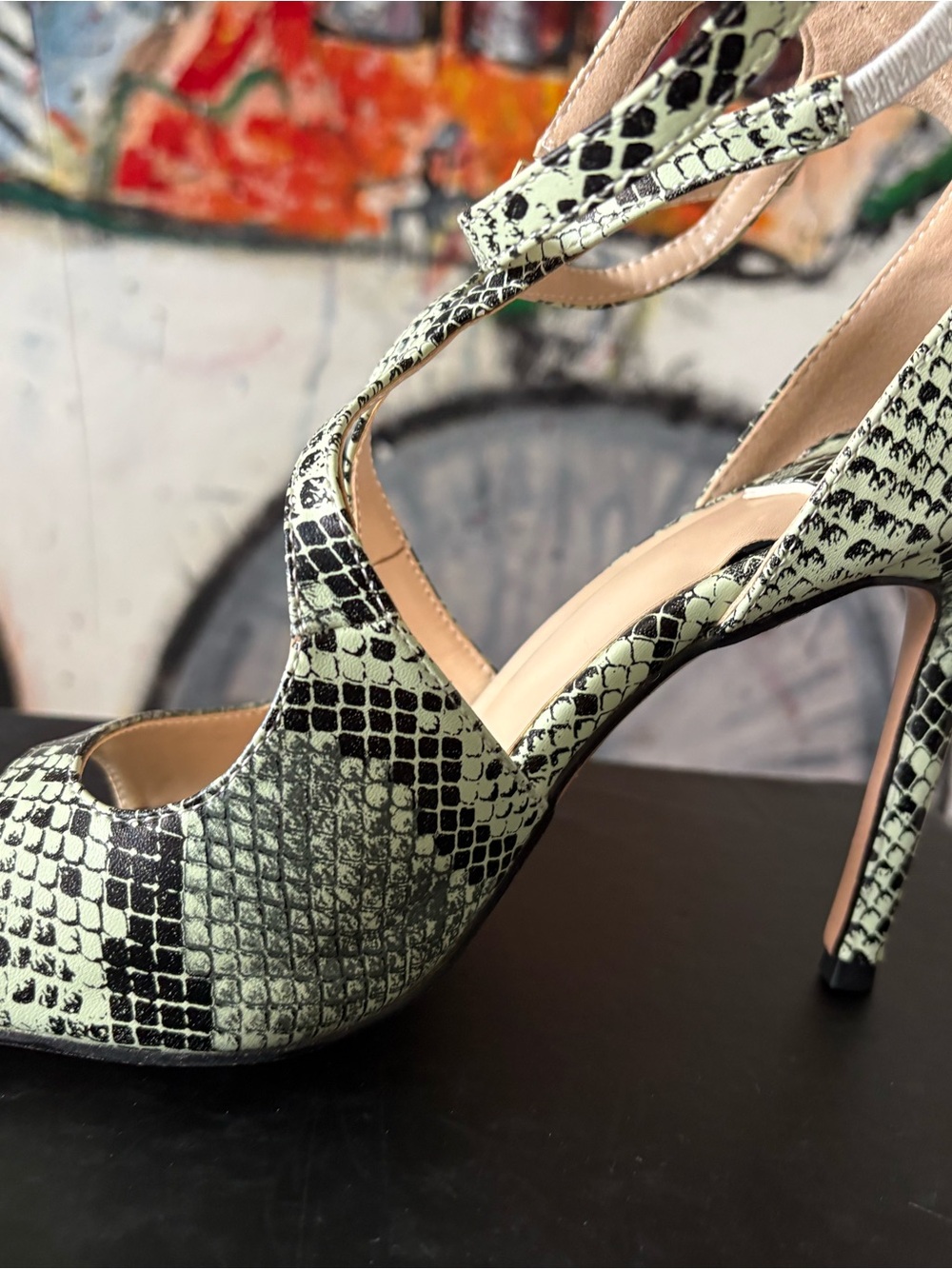 Women's Snake-Print High Heel Sandals in Pale Green and Black